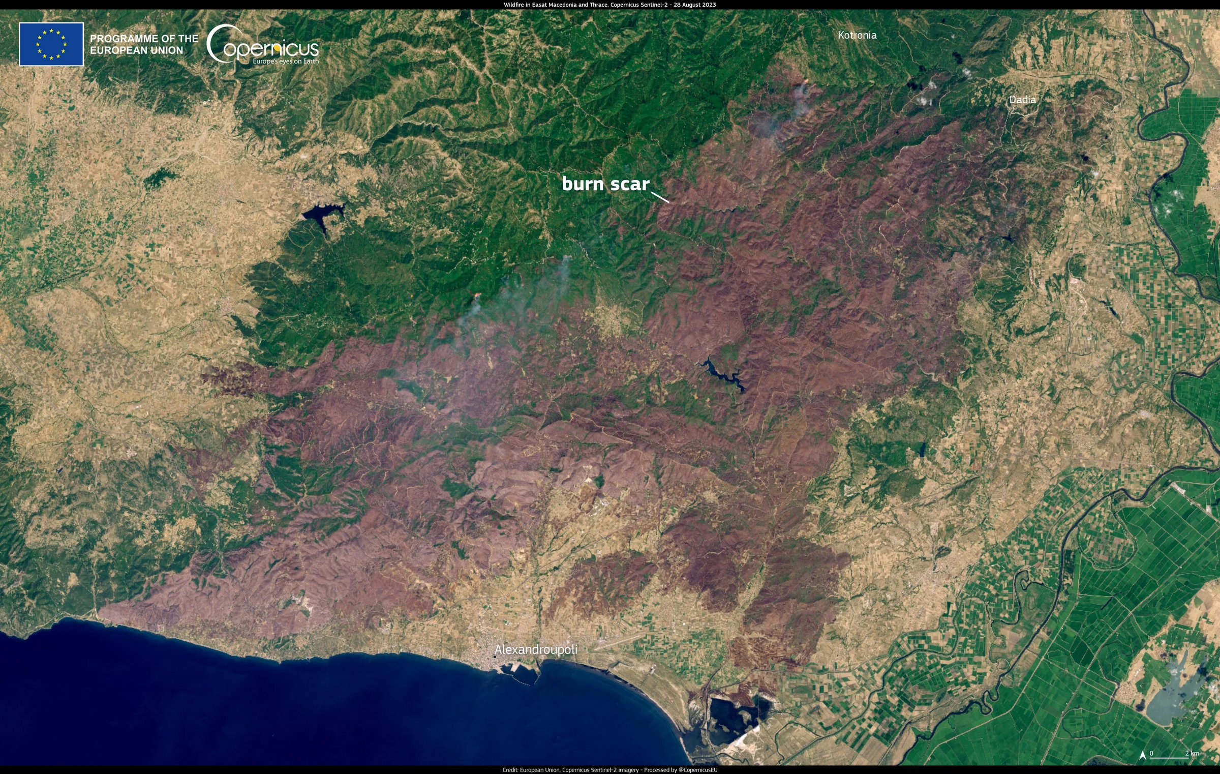 Satellite image of the burn scar left by the Evros wildfire, 28 August 2023