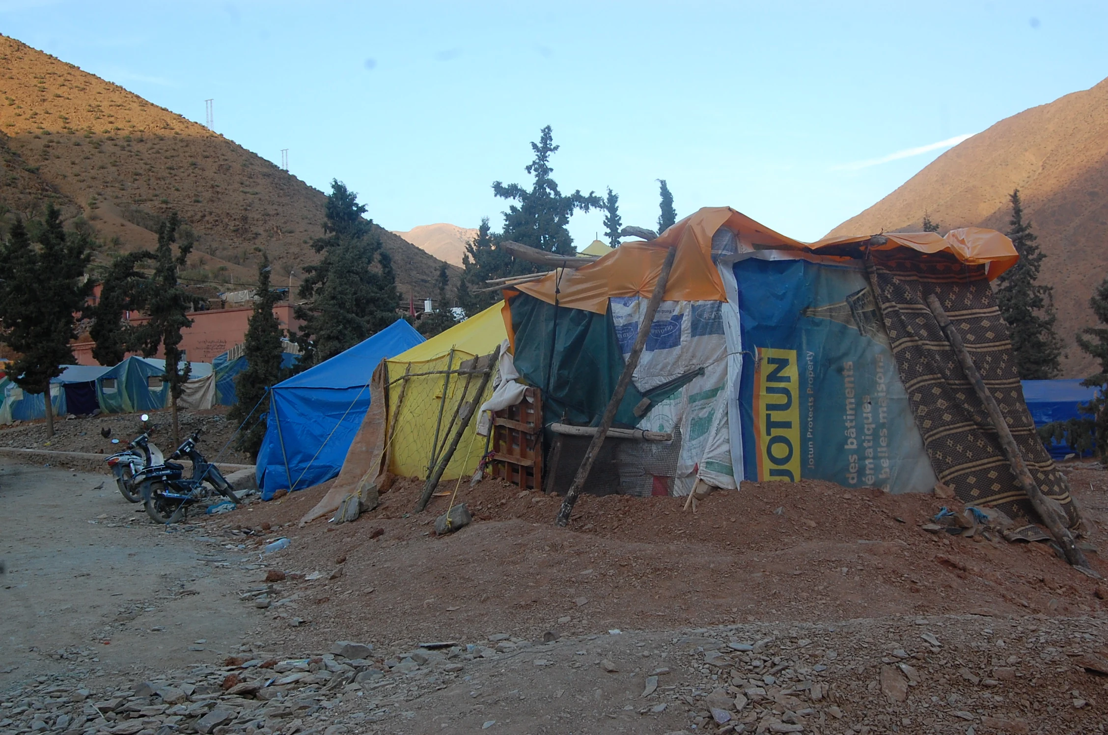 Families' tent shelters in Irhil, Al Haouz, three weeks after the 2023 earthquake