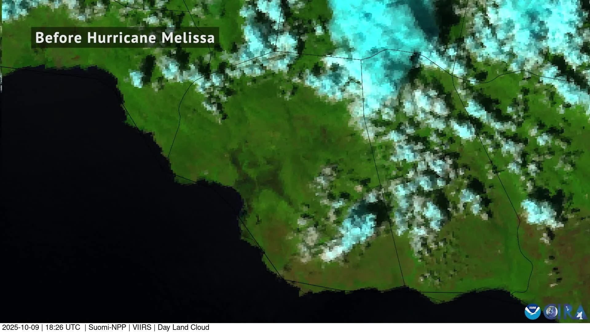 Satellite view of Jamaica before Hurricane Melissa, October 2025